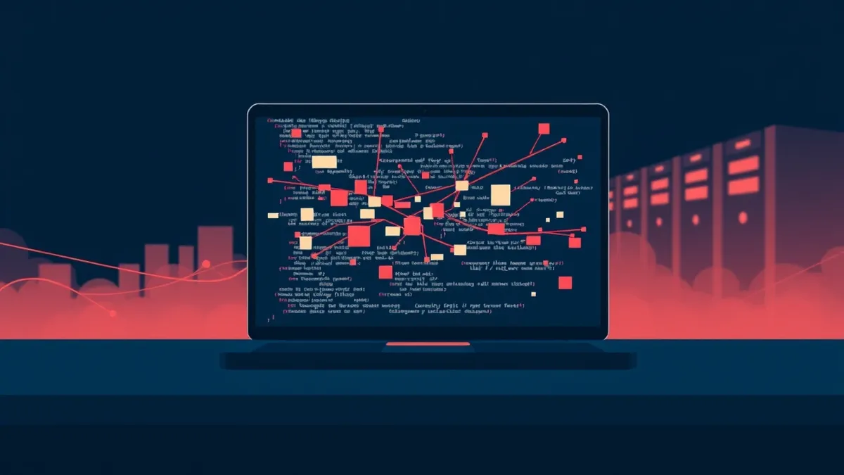 Illustration: A sleek laptop sits on a dark desk, its screen displaying fragmented, shifting blocks of abstract code.