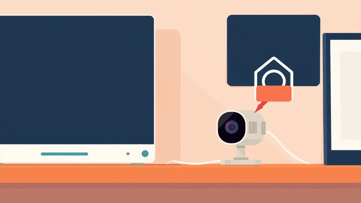Illustration: A small smart camera sits on a wooden shelf with a thin white cable trailing toward a router.