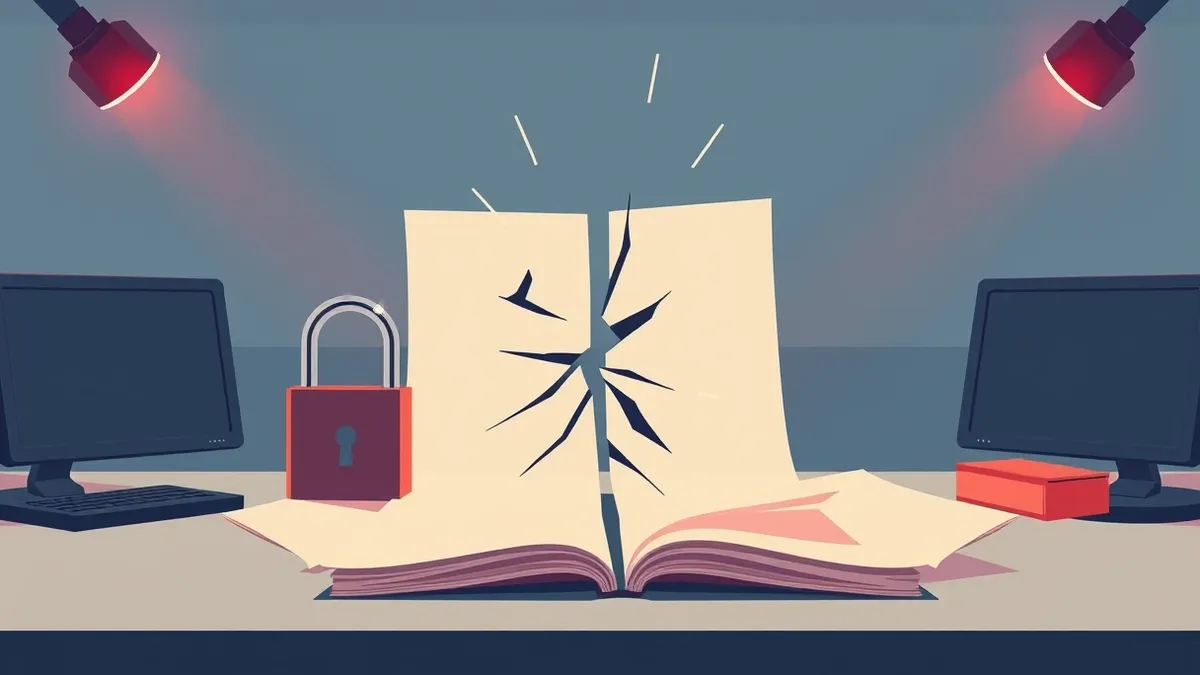Illustration: A sterile office desk holds a blank document next to a heavy metal padlock.