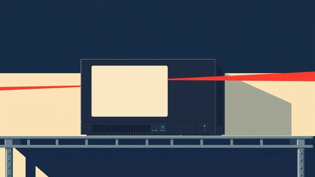 Illustration: A black network security appliance sits on a metal shelf, its front panel blank and smooth.