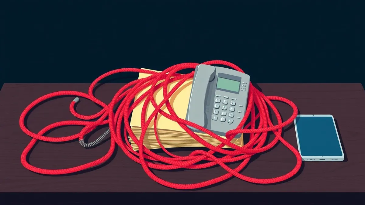 Illustration: A tangled mass of red telephone cords snakes across a dark wooden desk, wrapping tightly around a stack of thick manila folders and a silver landline receiver.