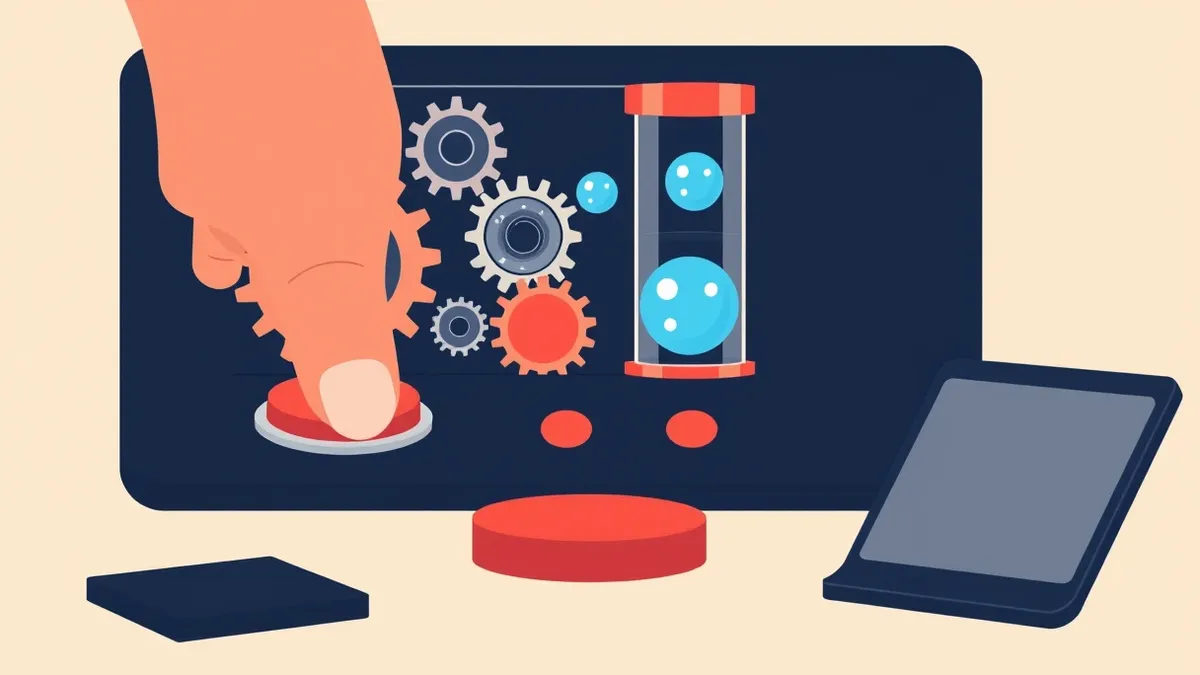 Illustration: A single finger presses a large red button on a sleek black console.