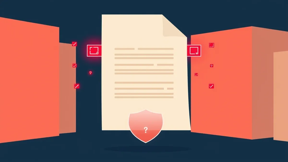 Illustration: A blank digital document floats in midair with glowing red macro icons pulsing beneath its surface.