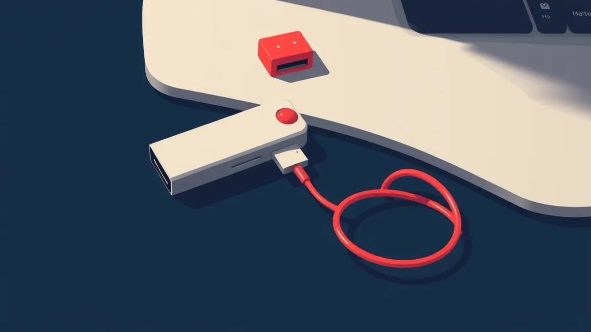 Illustration: A blank silver USB flash drive rests on a dark office desk beside a laptop with its ports covered by red protective caps.