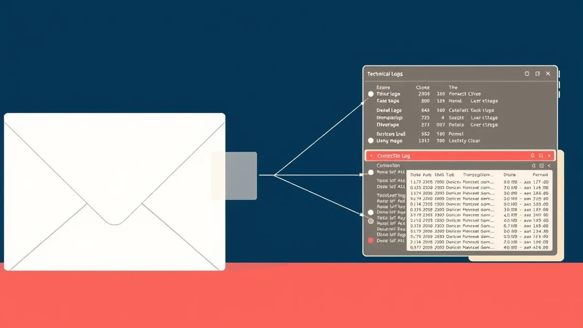 Illustration: A single transparent pixel sits centered on a blank white email canvas, connected by thin gray lines to a detailed technical log panel.