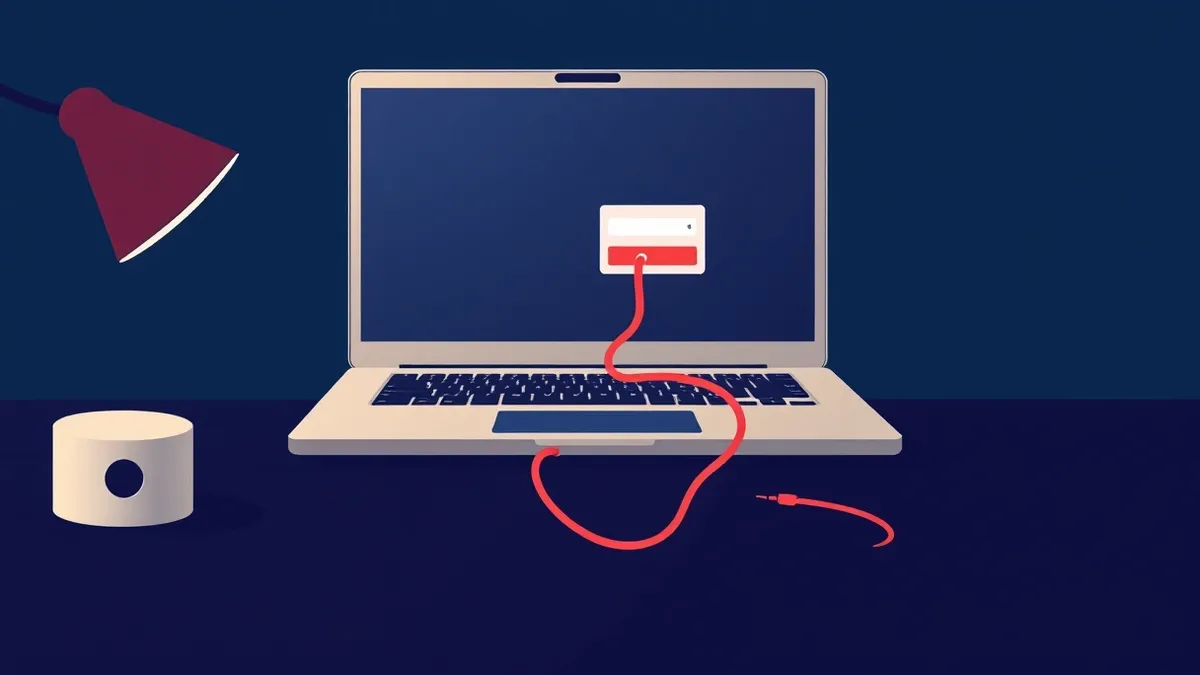 Illustration: A sleek laptop sits on a dark desk, its screen displaying a login form.