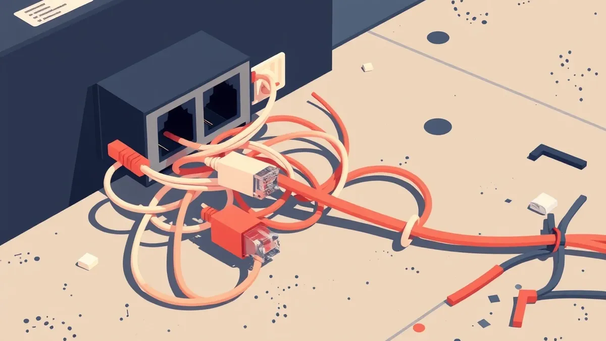 Illustration: A tangle of frayed ethernet cables spills from an open, dusty network switch on a concrete floor.