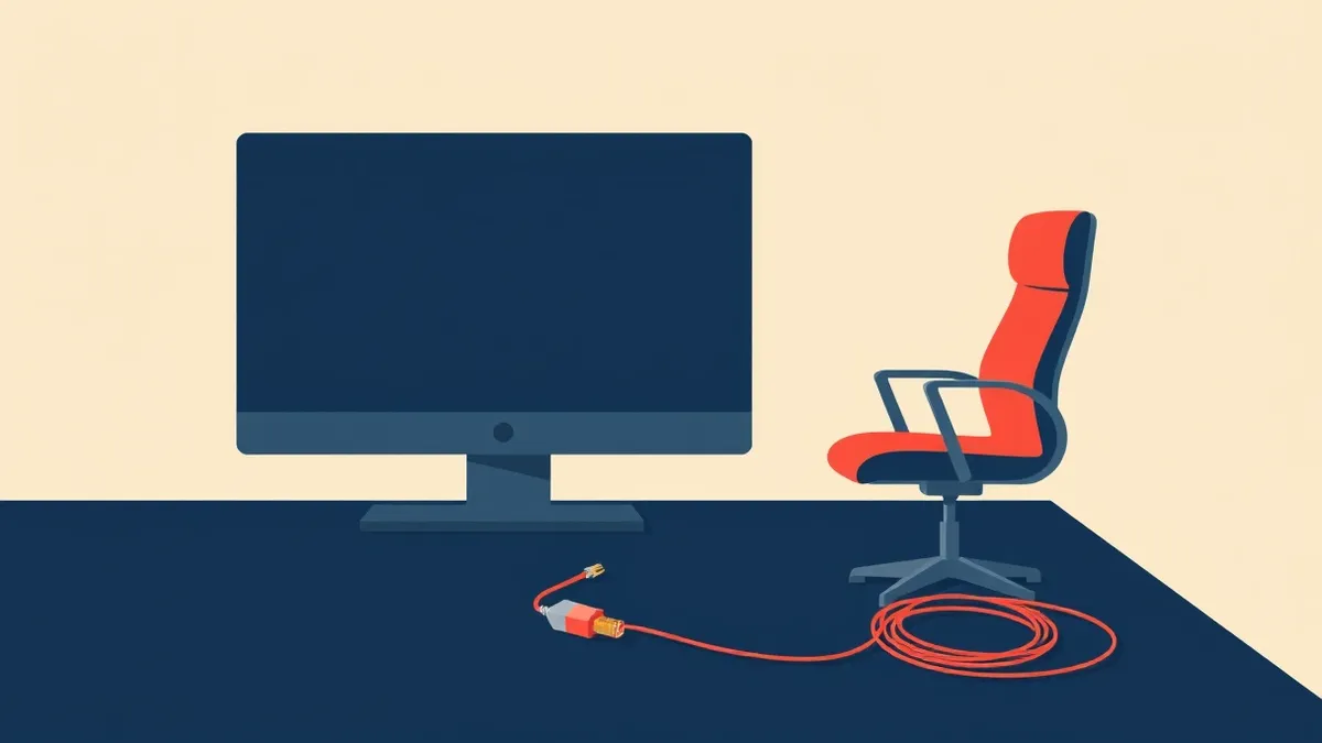Illustration: An empty office chair sits beside a dark computer monitor.