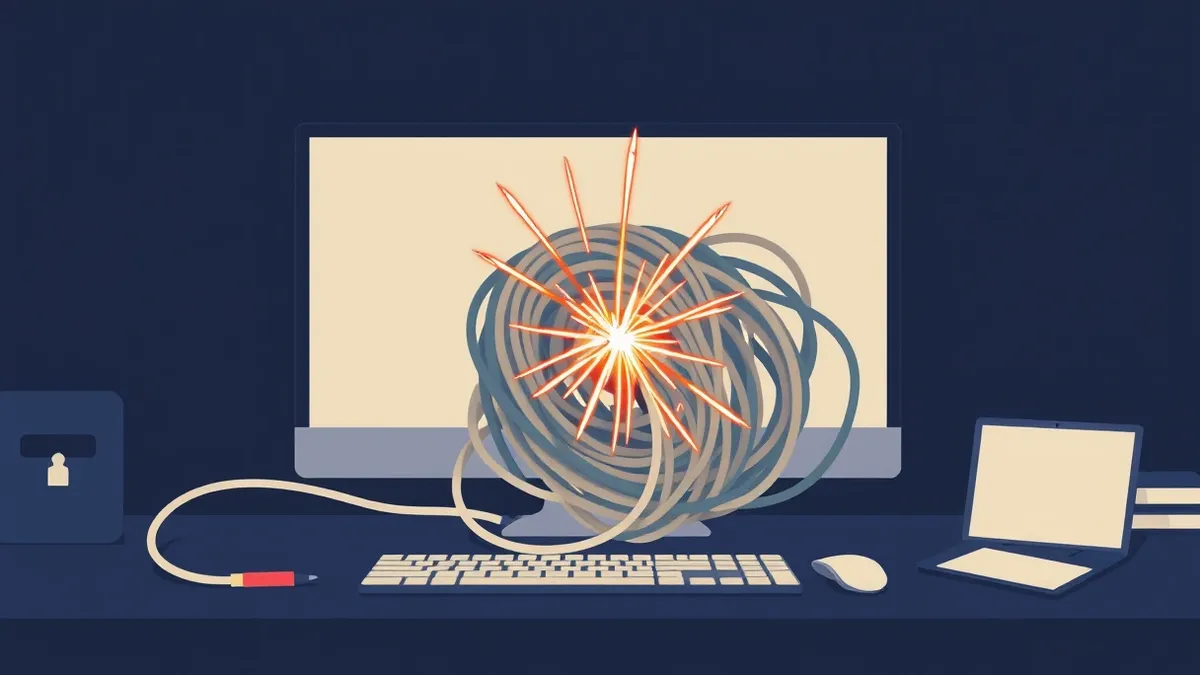 Illustration: A tangled knot of fiber optic cables sits on a dark desk, with one strand sharply severed and a jagged wire inserted into the gap.