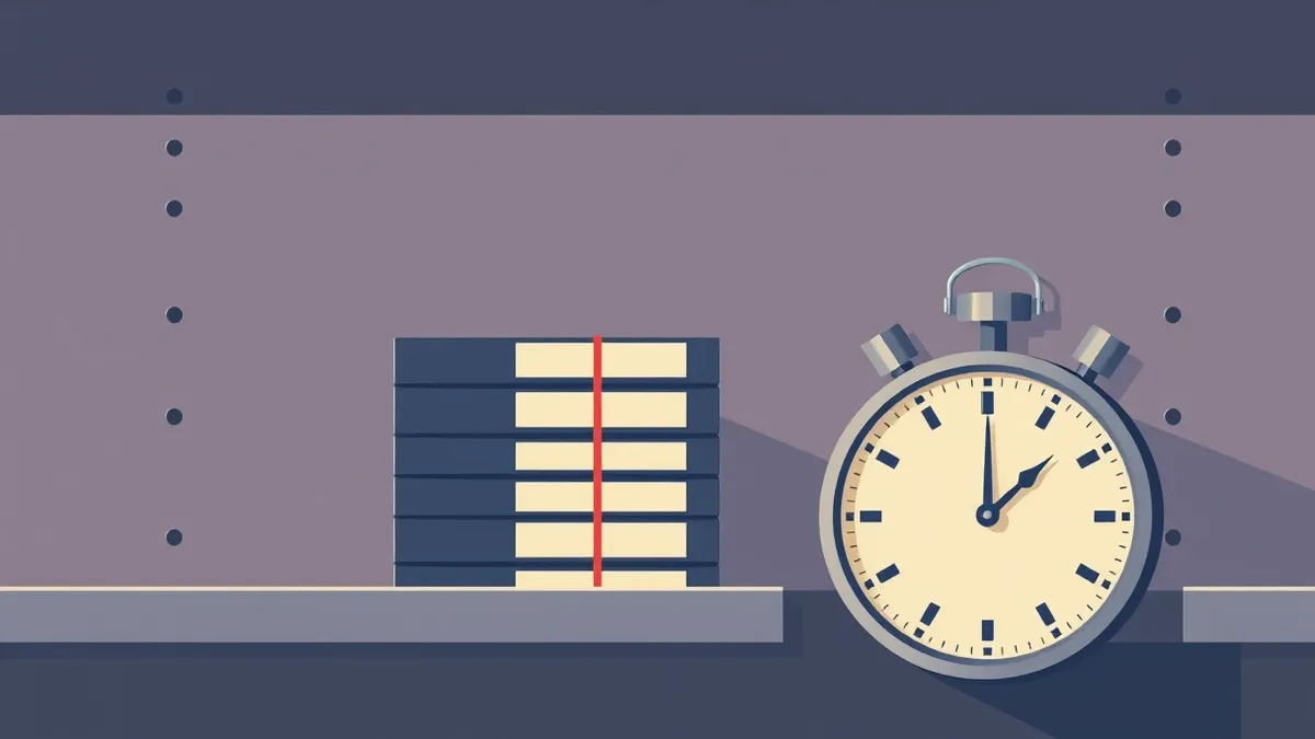 Illustration: A thick stack of blank magnetic tape cartridges sits neatly on a steel shelf beside a large analog stopwatch with its hands stopped at zero.