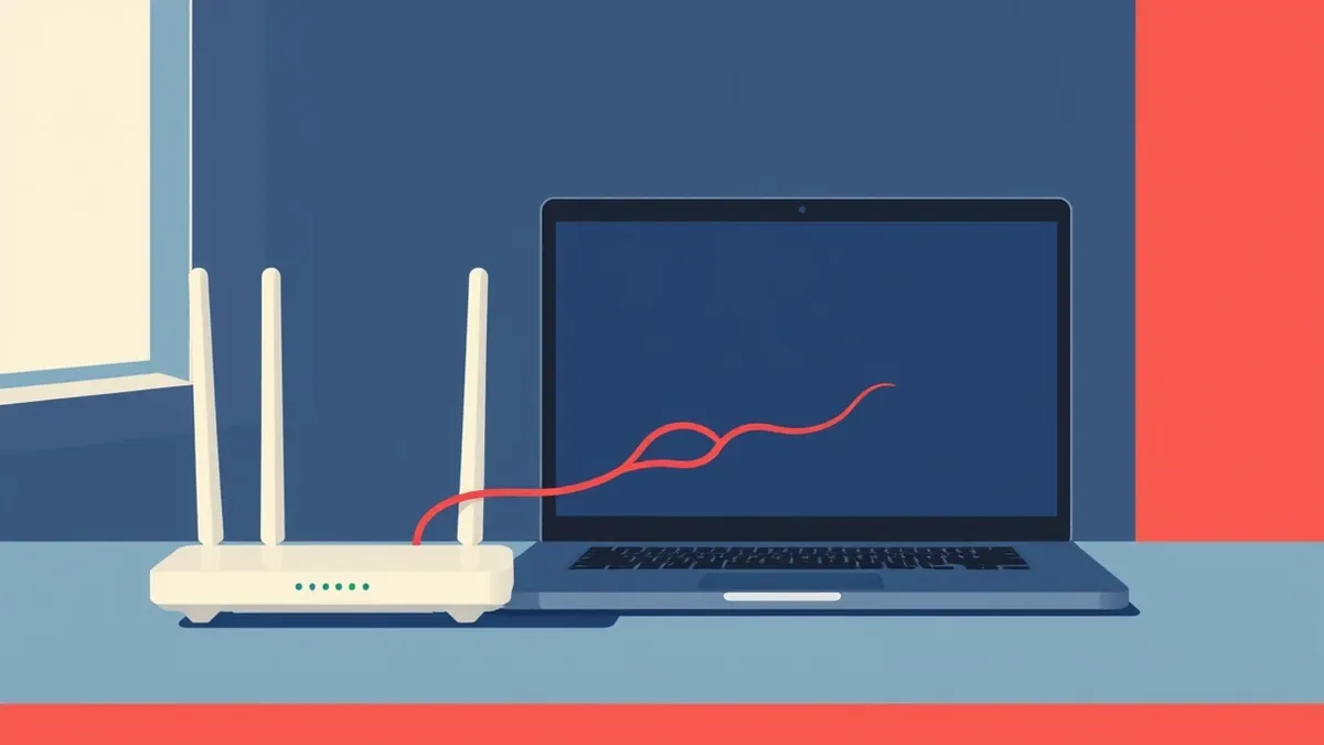 Illustration: A sleek white router sits on a clean wooden desk beside a laptop displaying a blank browser window.