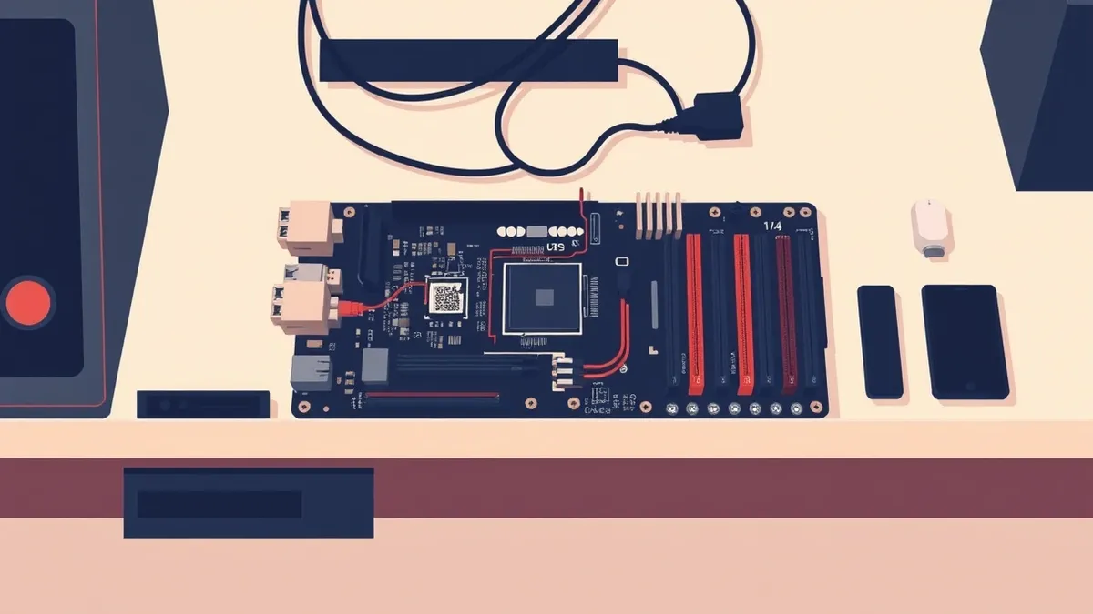 Illustration: A disassembled computer motherboard rests on a clean workbench.