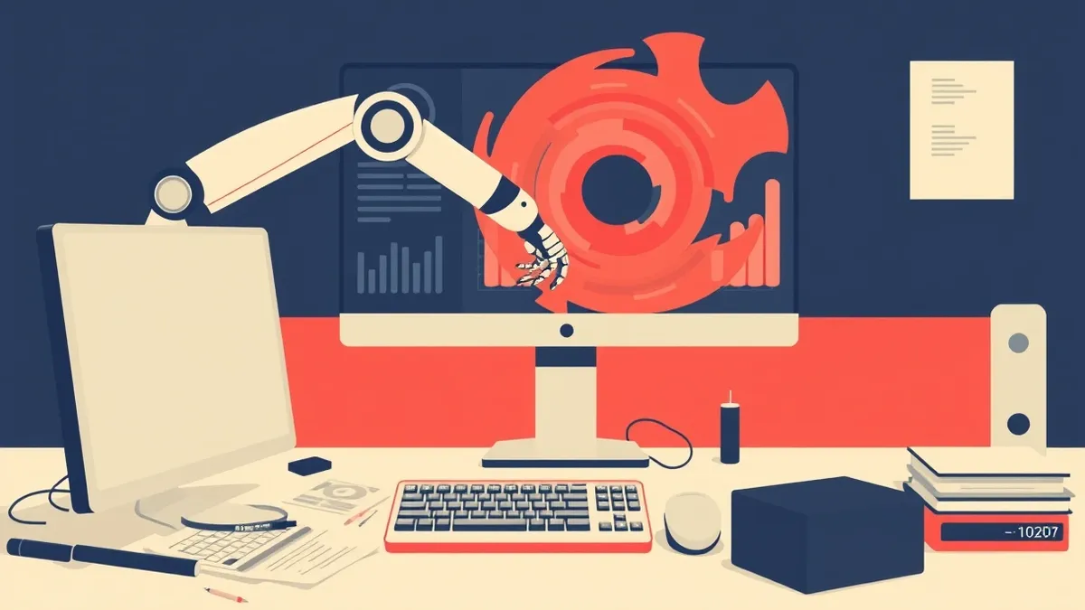 Illustration: A sleek office workstation sits in disarray as a robotic arm hovers over a keyboard, fingers poised to type.