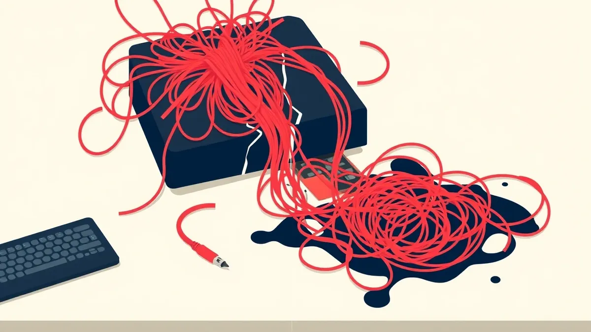Illustration: A chaotic tangle of red cables spills from a cracked black device onto a white desk, spreading outward like spilled ink.