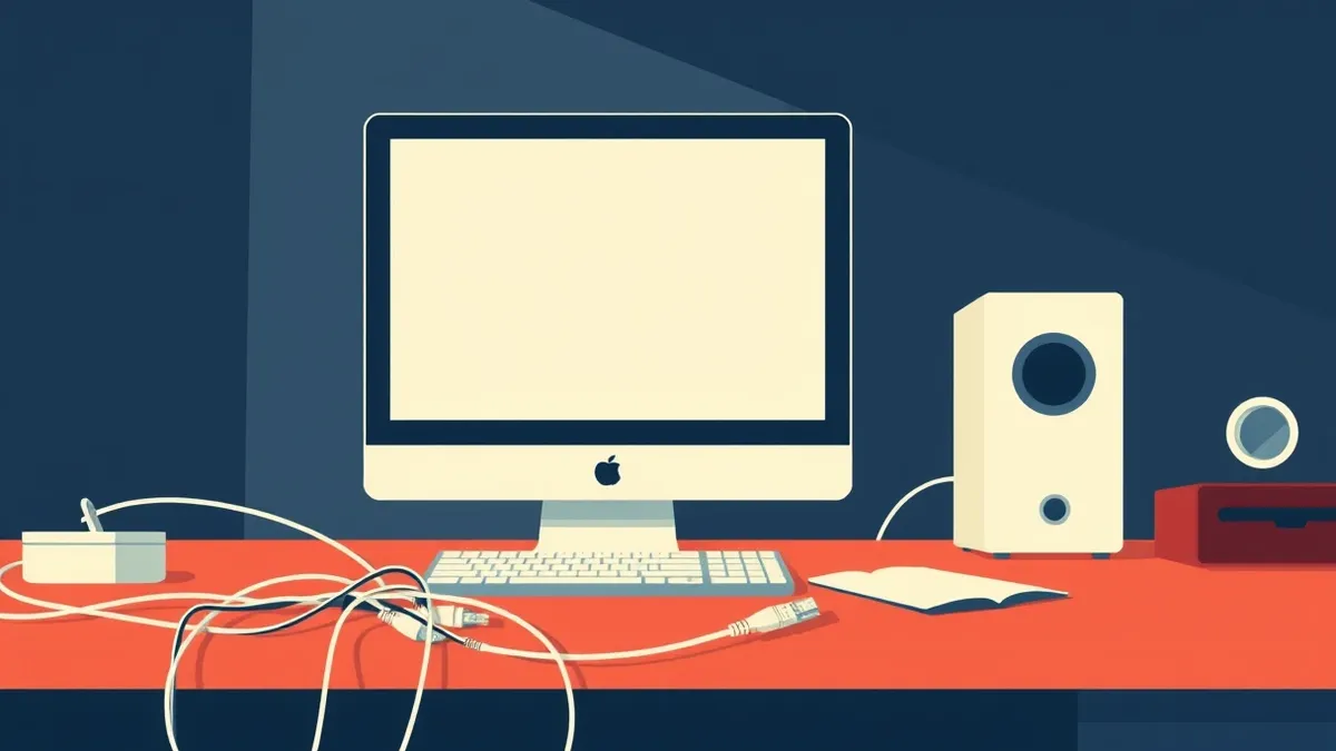 Illustration: A small computer sits on a wooden desk next to a tangled mess of ethernet cables.