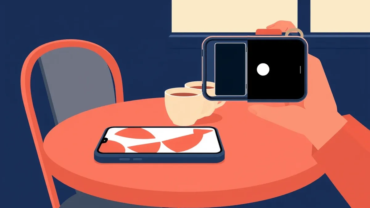 Illustration: A smartphone rests on a cafe table, its screen displaying blank abstract shapes.