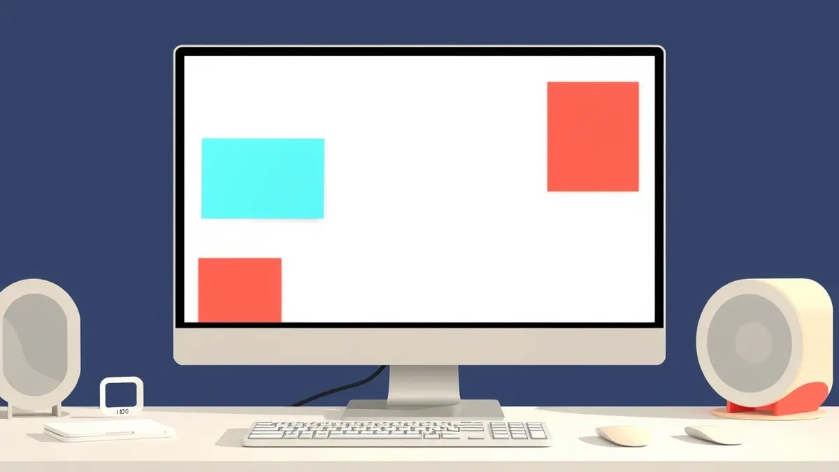 Illustration: A computer monitor displays a blank white screen with several empty square frames arranged in a grid.