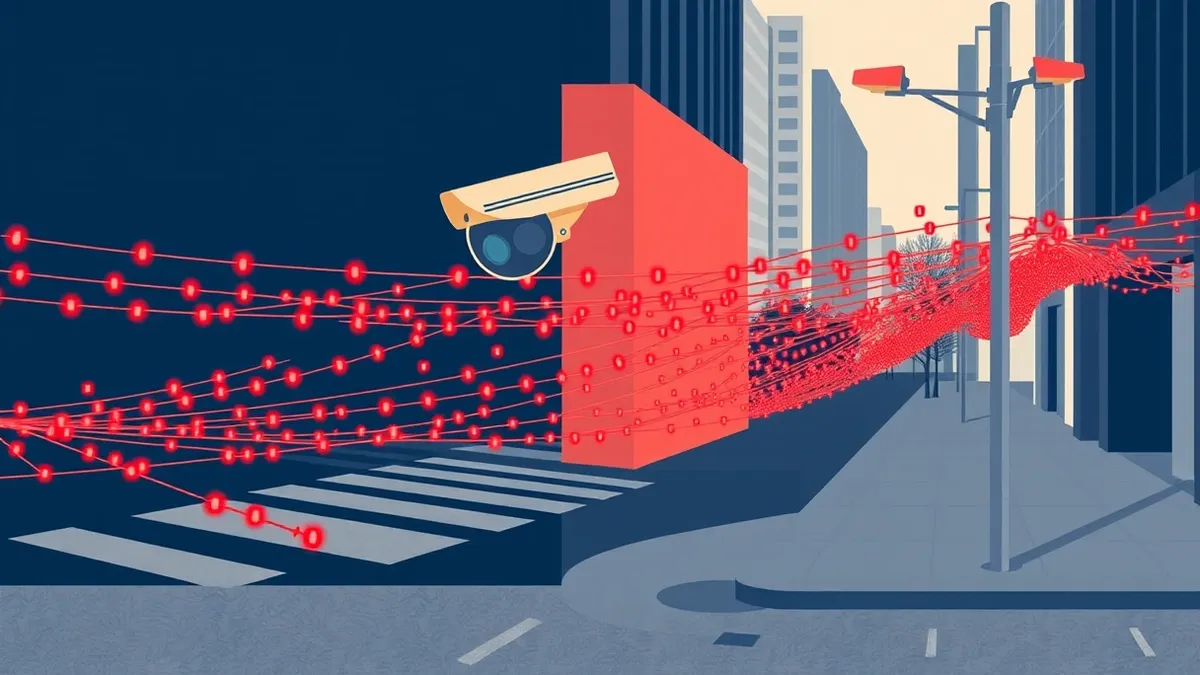 Illustration: A dense network of blinking red sensors lines a city street corner, casting an invisible web over empty sidewalks.