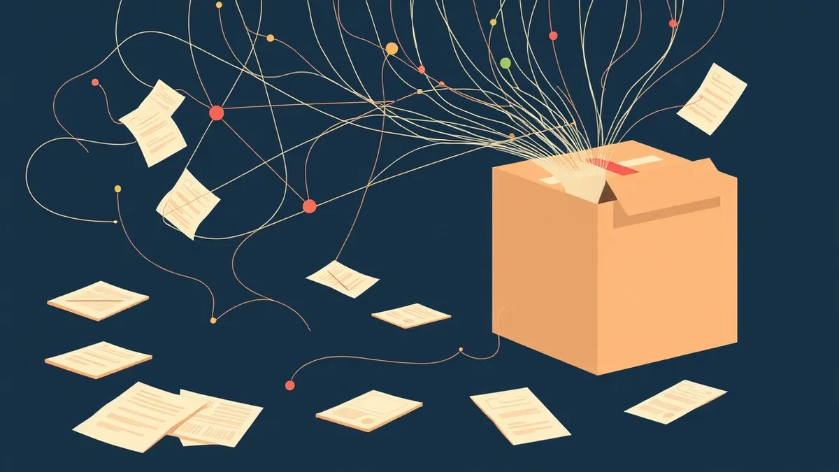Illustration: A tangled web of thin, translucent threads connects scattered paper documents to a large, sealed cardboard box.