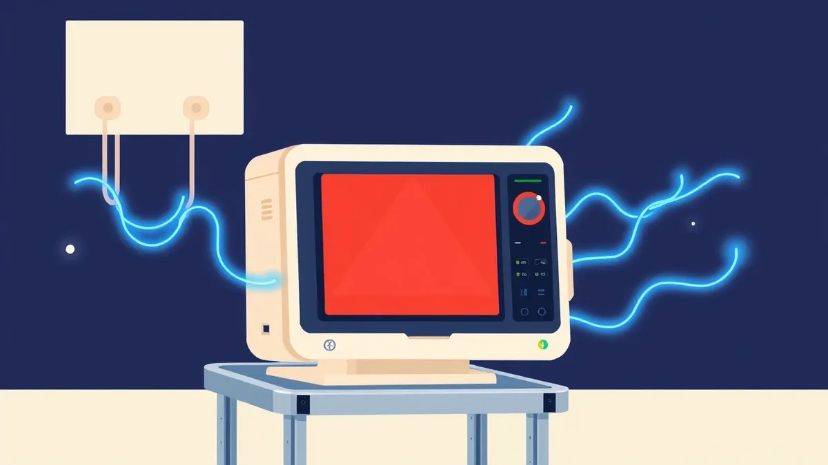 Illustration: A white patient monitor sits on a metal cart, its screen displaying abstract red warning triangles.