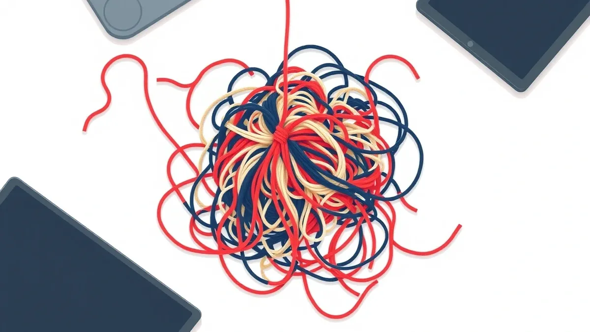 Illustration: A tangled mass of colorful yarn threads lies on a clean white desk surface.