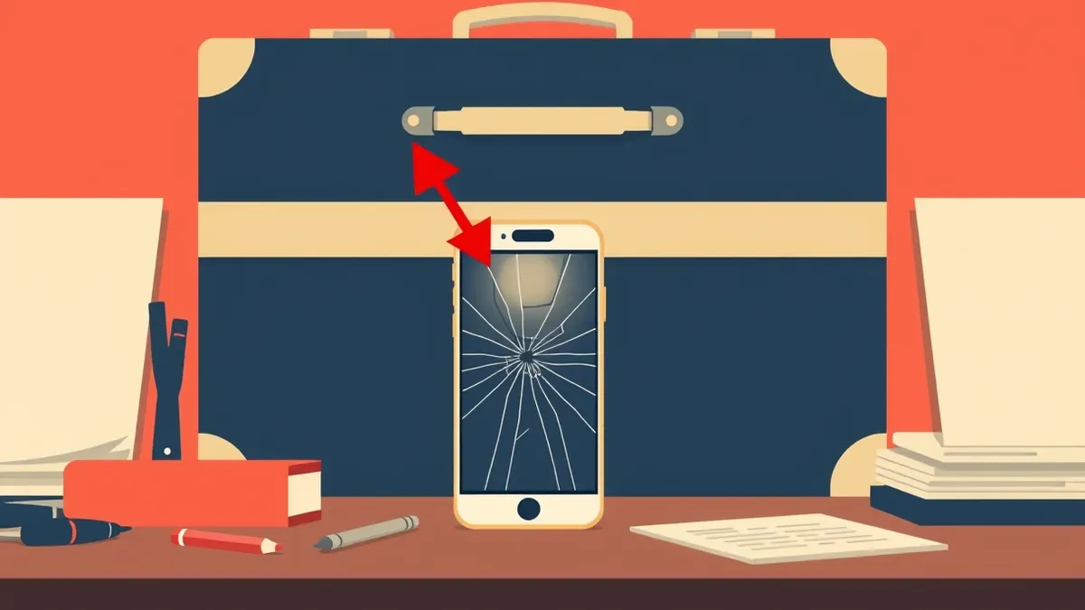 Illustration: A cluttered desk holds a single smartphone with a cracked screen, positioned directly in front of a sturdy, locked briefcase.
