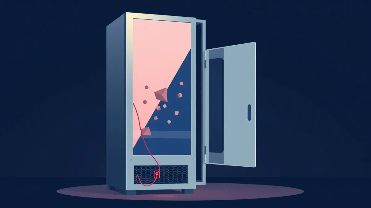 Illustration: A sleek silver server rack stands in a dim room, its front panel featuring a large blank screen displaying abstract geometric nodes.