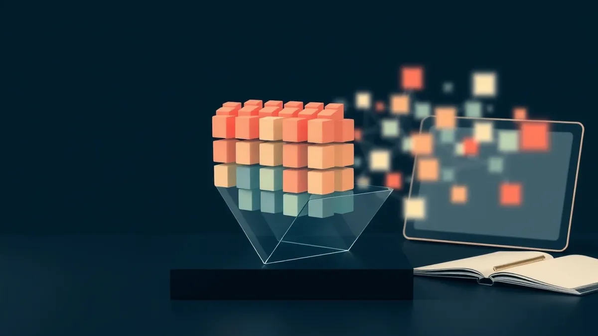 Illustration: A transparent glass prism sits on a dark surface, transforming a sharp, orderly grid of colored cubes into a soft, blurred cloud of abstract shapes.