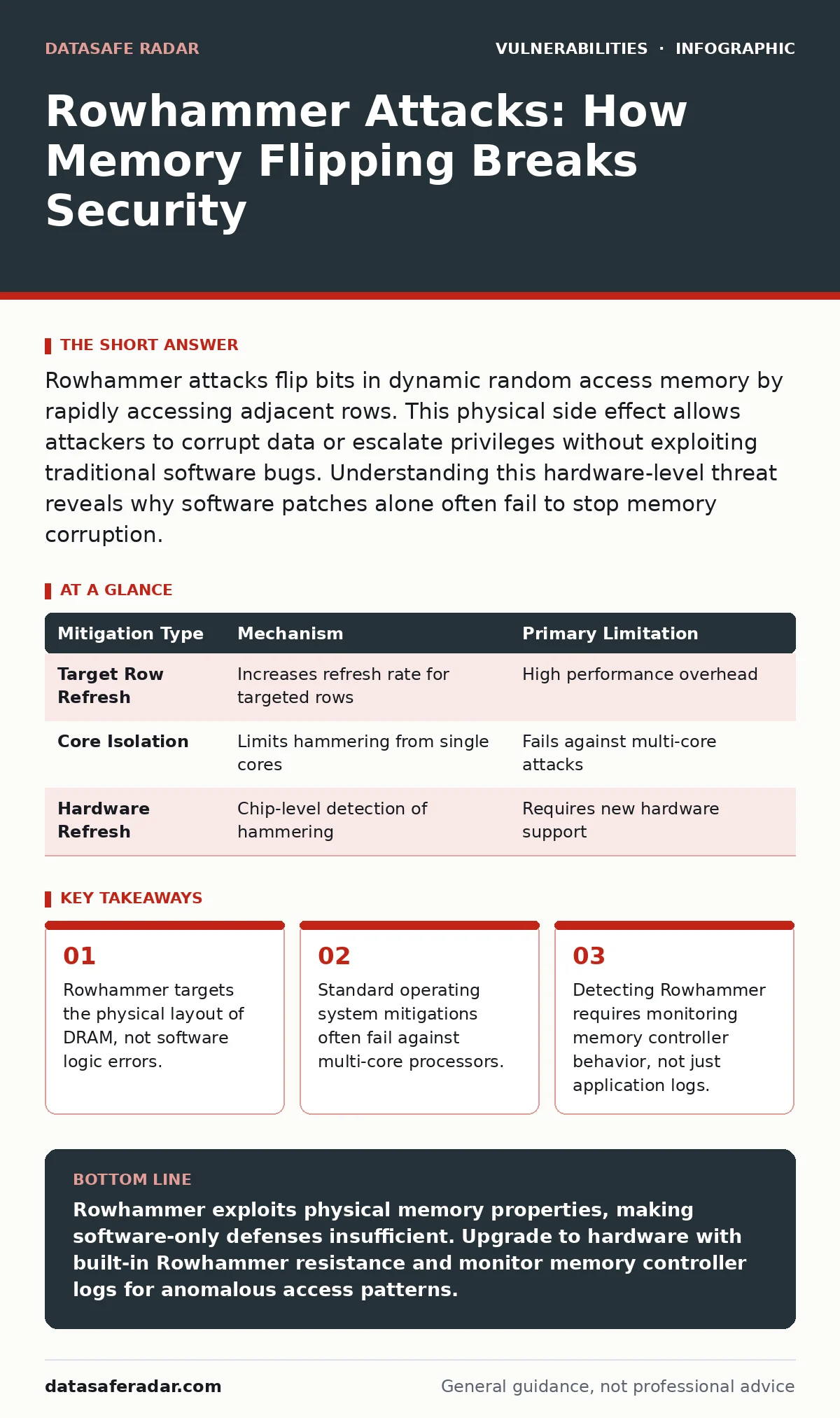 Infographic: Rowhammer Attacks: How Memory Flipping Breaks Security. Rowhammer targets the physical layout of DRAM, not software logic errors. Standard operating system mitigations often fail against multi-core processors. Detecting Rowhammer requires monitoring memory controller behavior, not just