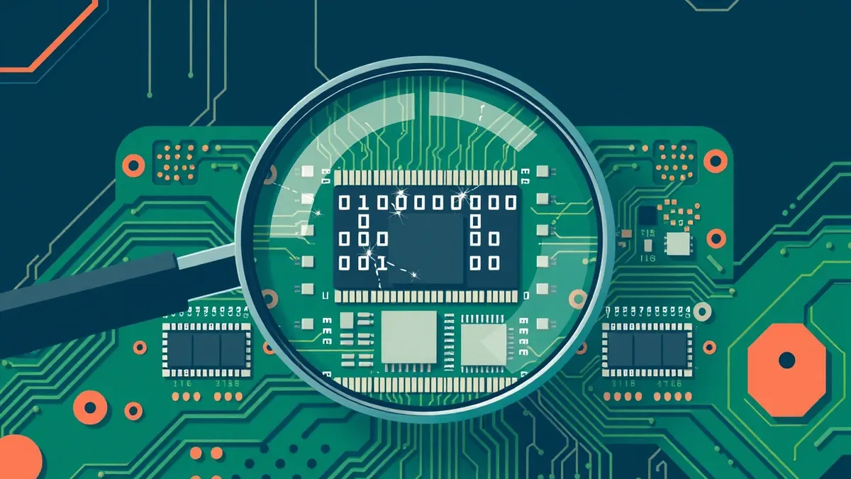 Illustration: A magnifying glass hovers over a green circuit board, focusing on tightly packed silver memory chips.