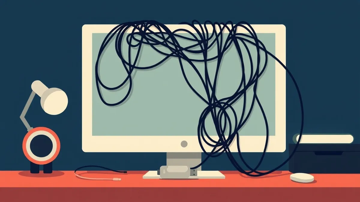 Illustration: A blank computer monitor displays a chaotic web of tangled black cables that spill out from the screen’s bezel, wrapping tightly around a small silver USB drive resti