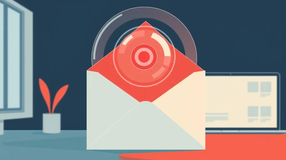 Illustration: A transparent, microscopic camera lens hovers directly above the open flap of a plain white envelope.