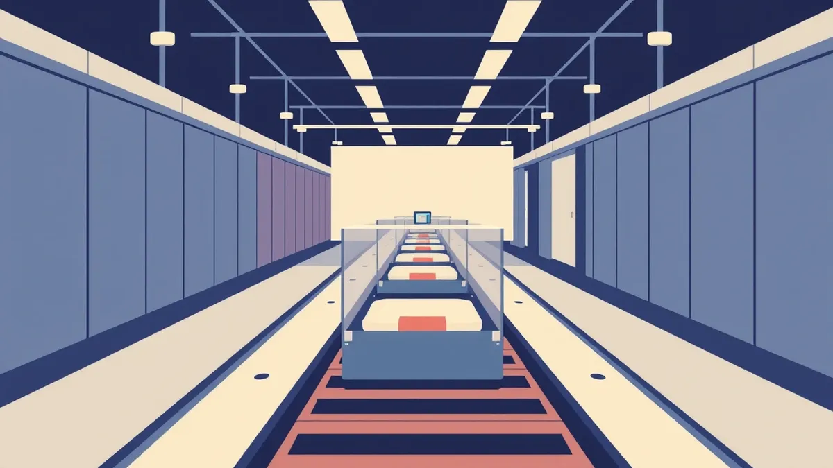 Illustration: A sleek assembly line flows through a sterile room, carrying small sealed containers.