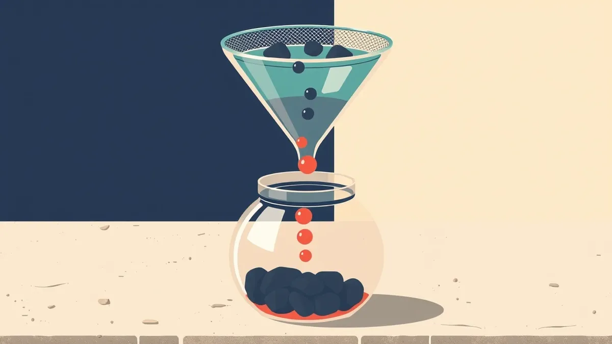 Illustration: A transparent glass funnel sits on a concrete surface, catching a steady stream of colorful liquid droplets.