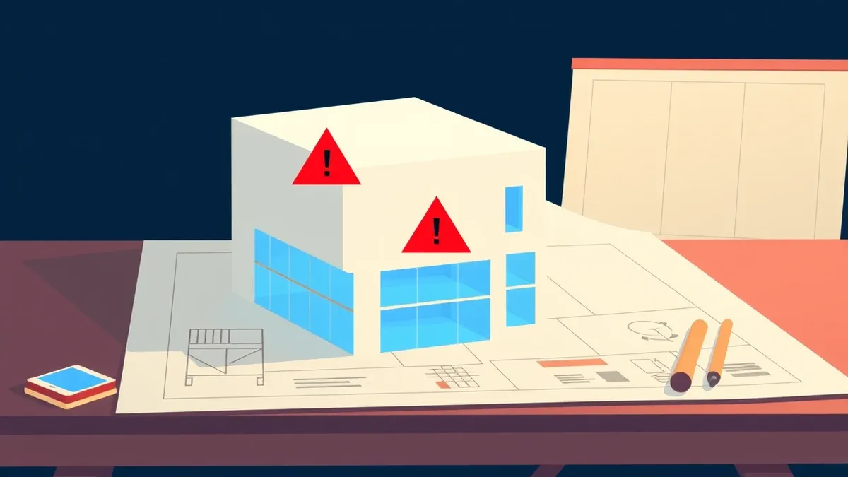 Illustration: A sleek white building blueprint rests on a drafting table, its foundation layers glowing with soft blue light.