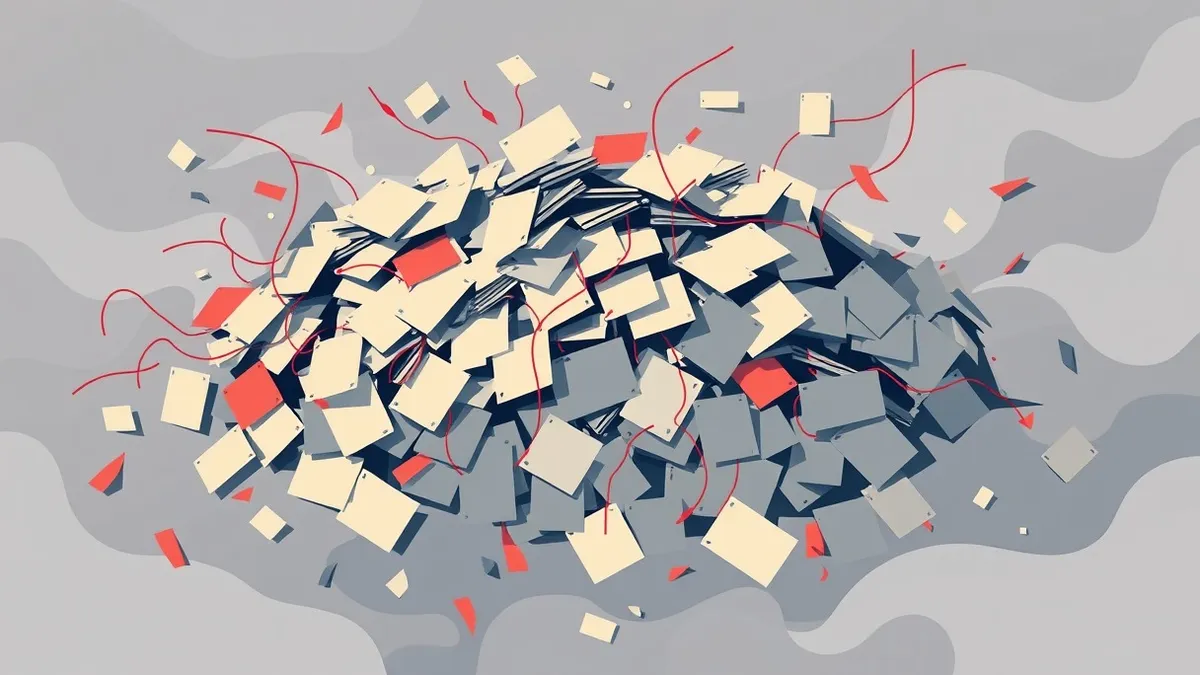 Illustration: A chaotic pile of scattered, blank index cards floats amidst swirling gray fog, representing fragmented data entries.