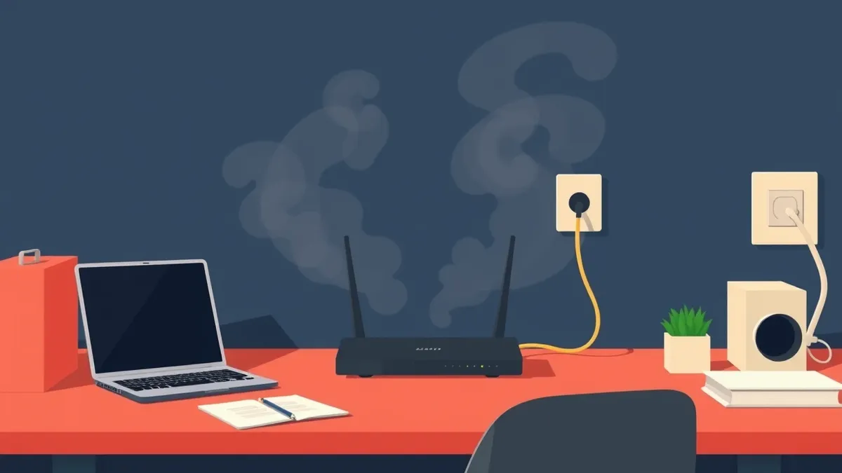 Illustration: A small office desk holds a single router emitting faint, blurred smoke rings that obscure the outgoing data cables.