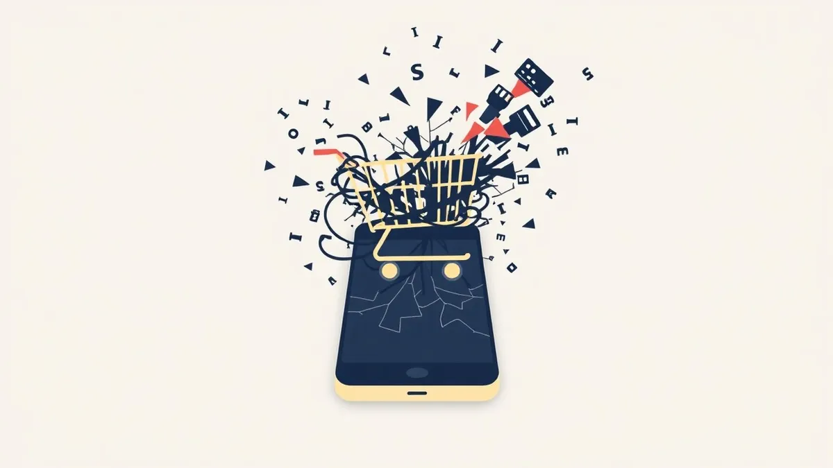 Illustration: A generic shopping cart icon floats above a cracked smartphone screen.