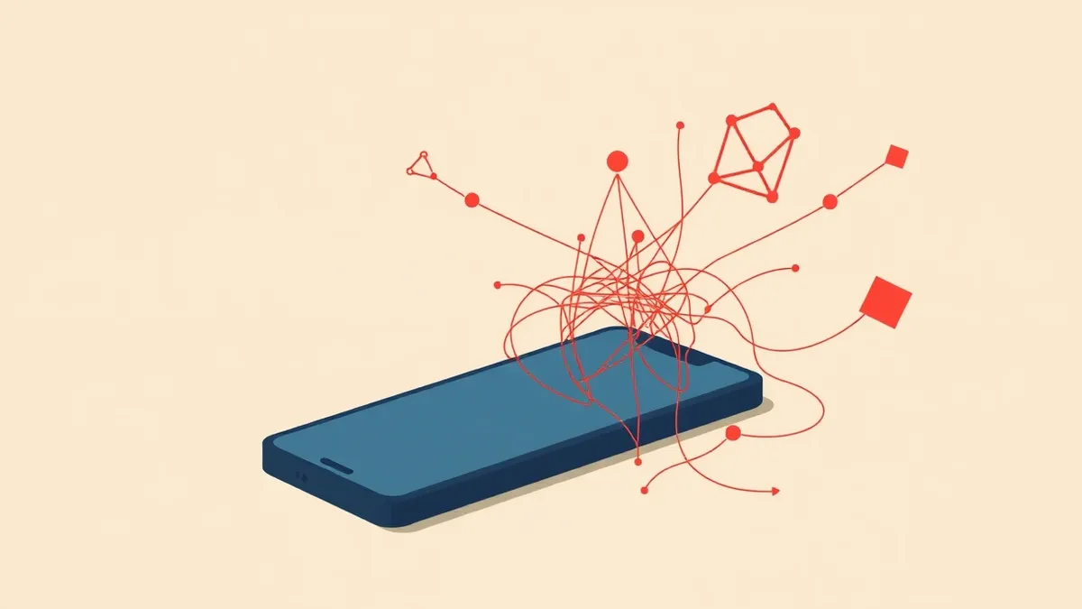 Illustration: A smartphone rests on a table while an invisible, tangled web of red threads extends from its screen into the surrounding air.