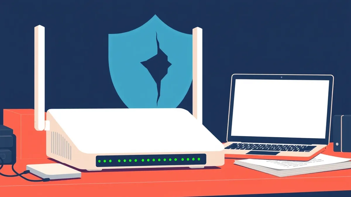 Illustration: A sleek white router sits on a cluttered desk, its indicator lights glowing green to show active connections.