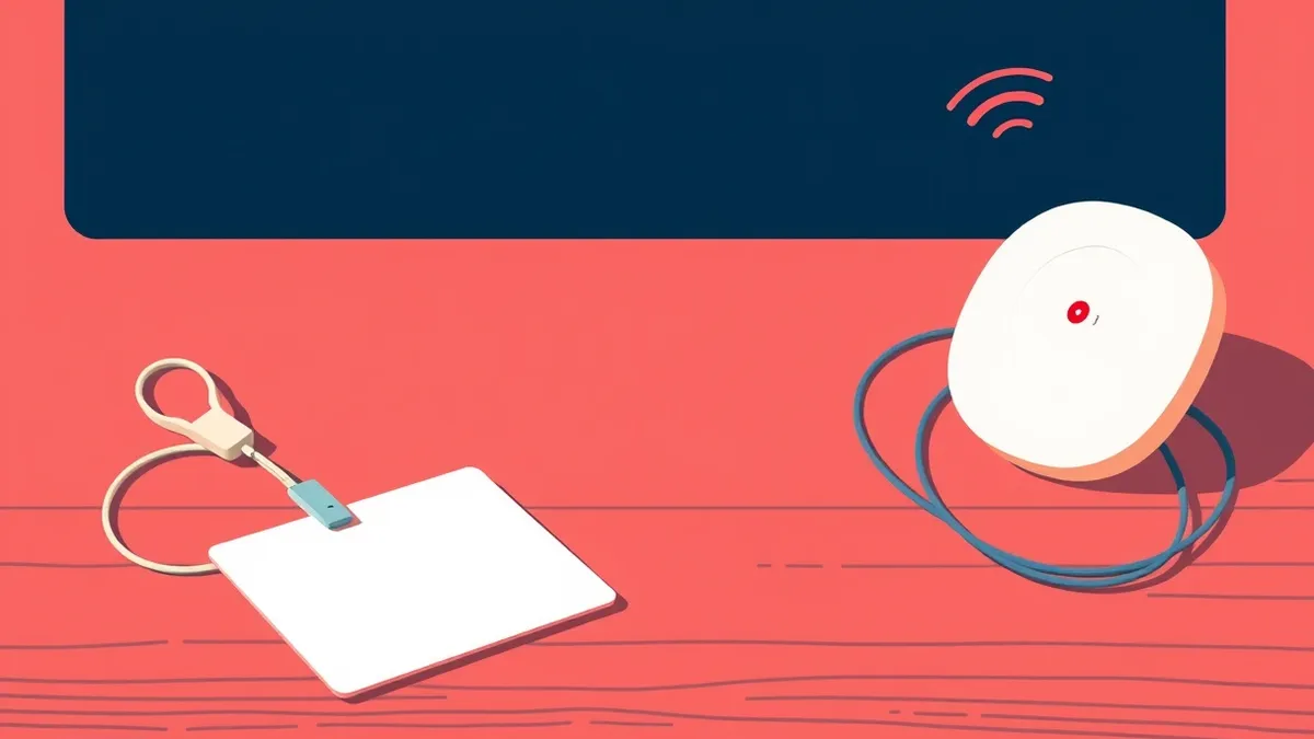 Illustration: A discarded office ID badge lies on a wooden desk next to a tangled smartphone cable.