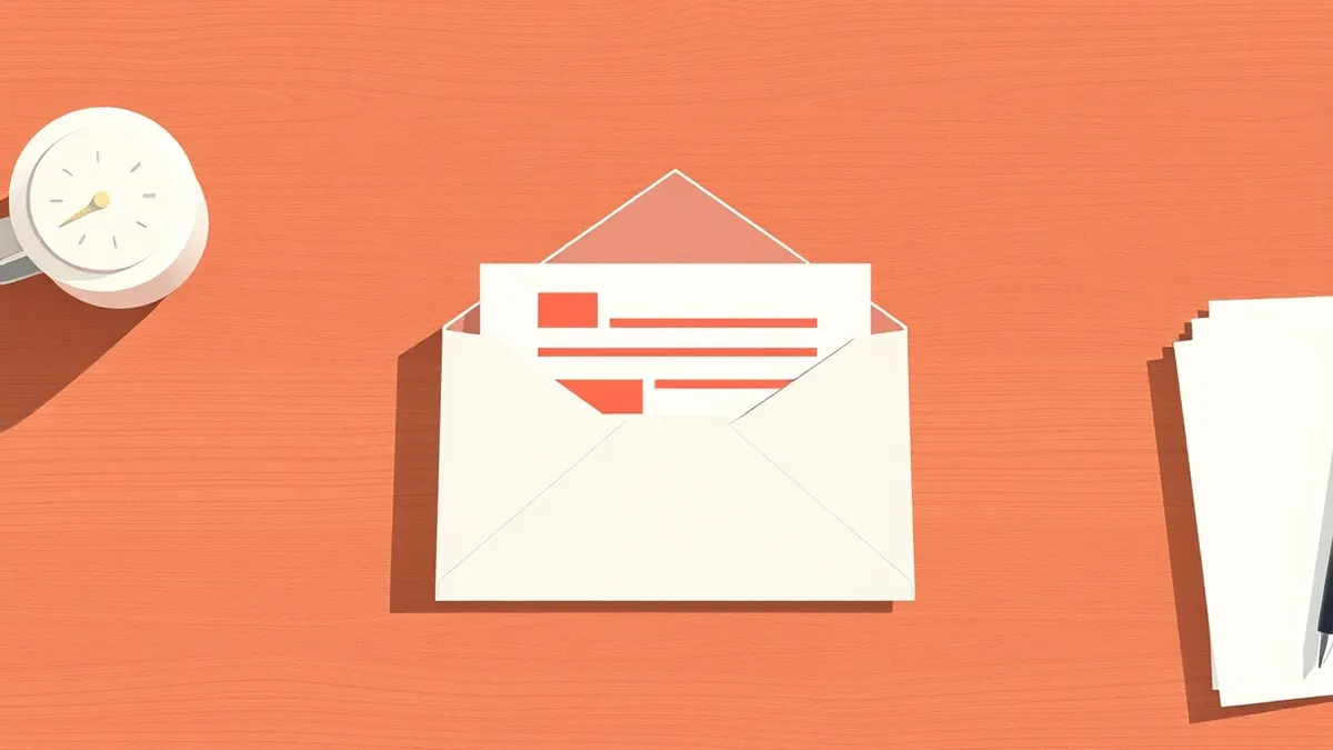 Illustration: A plain white envelope sits on a clean wooden desk.