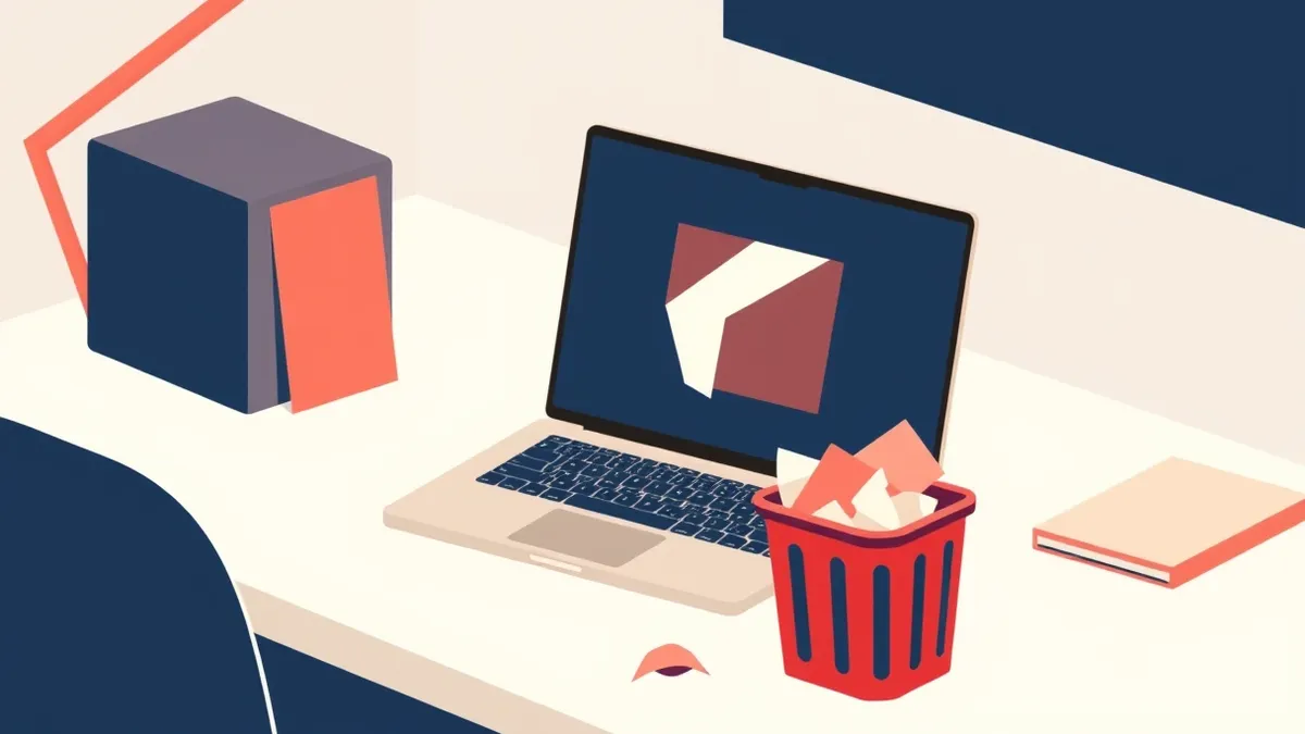 Illustration: A single sleek laptop sits on a clean white desk, its screen displaying only abstract geometric shapes.