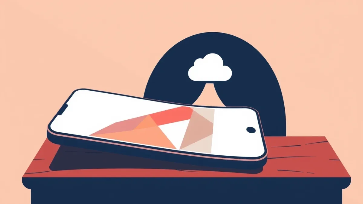Illustration: A smartphone sits on a wooden table, its screen displaying a blank browser window with abstract geometric shapes.