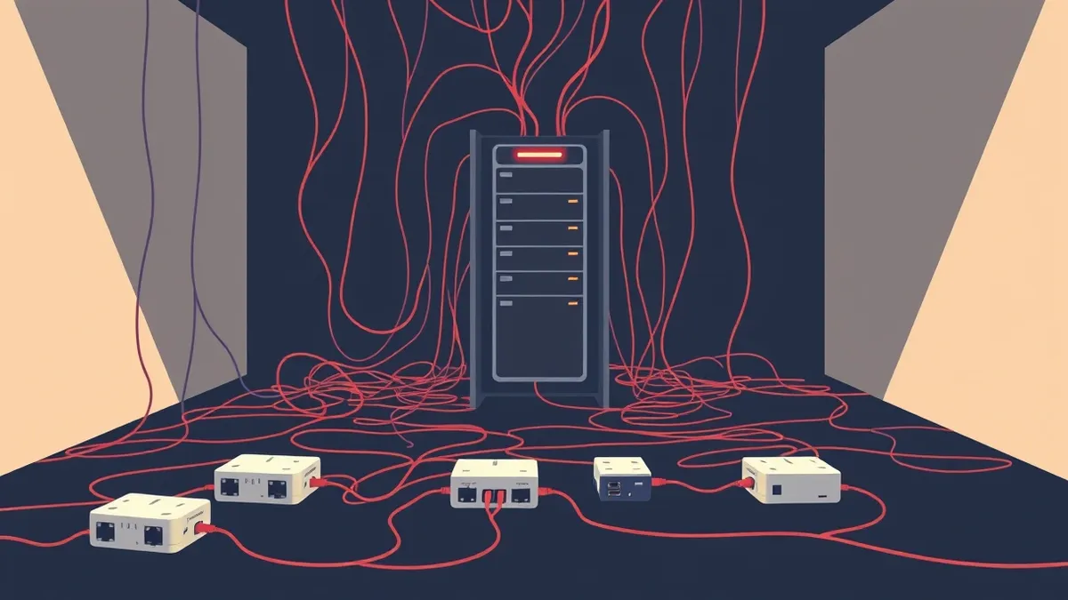 Illustration: A tangled mass of loose cables snakes away from a sleek central server into shadowy corners.