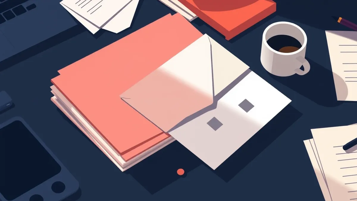 Illustration: A stack of blank white envelopes rests on a cluttered desk beside a spilled cup of coffee.