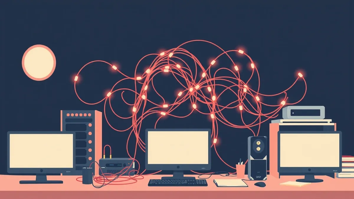 Illustration: A tangled nest of glowing fiber optic cables connects various blank server nodes on a cluttered desk, forming an intricate web of actual data paths rather than a neat