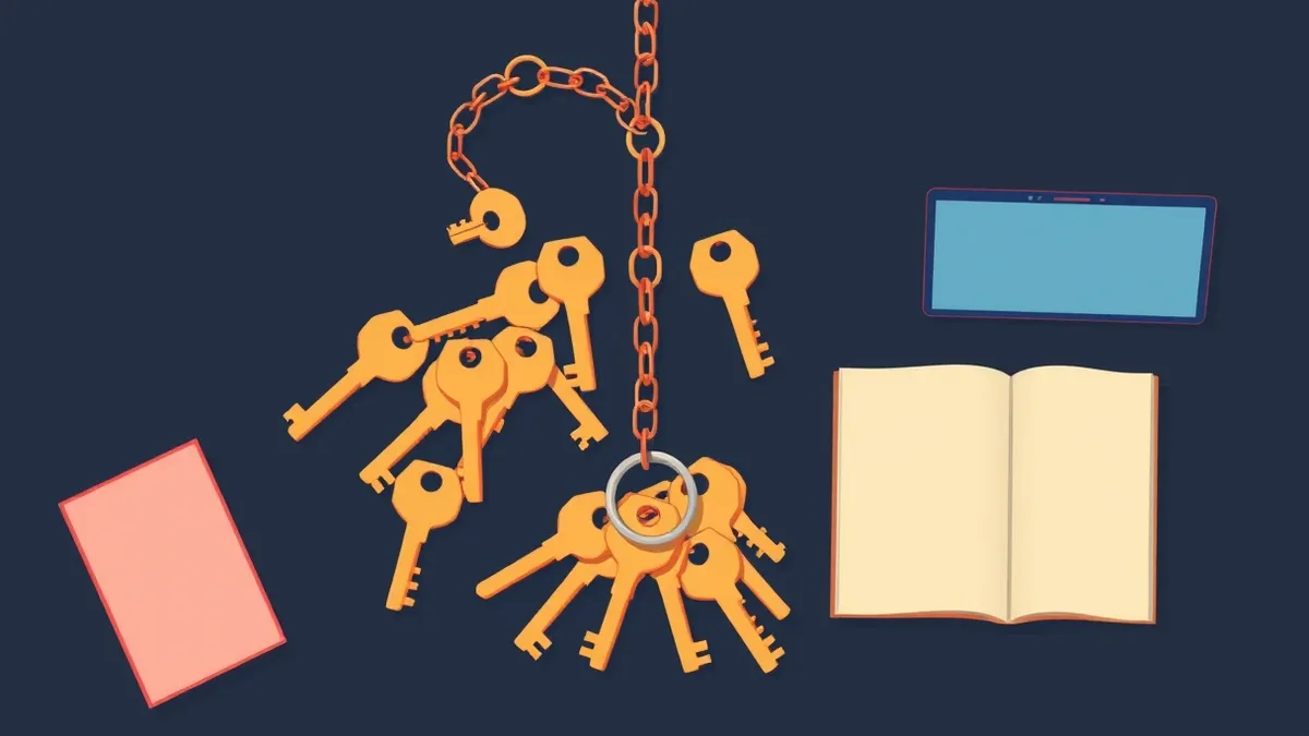 Illustration: A tangle of identical brass keys hangs from a single broken chain, spilling across a dark table.