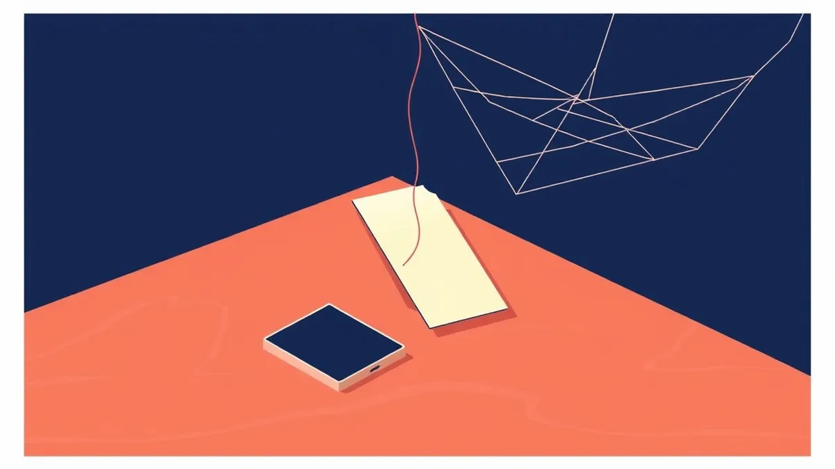 Illustration: A single smartphone rests on a wooden desk beside a tangled web of transparent threads that vanish into the air.